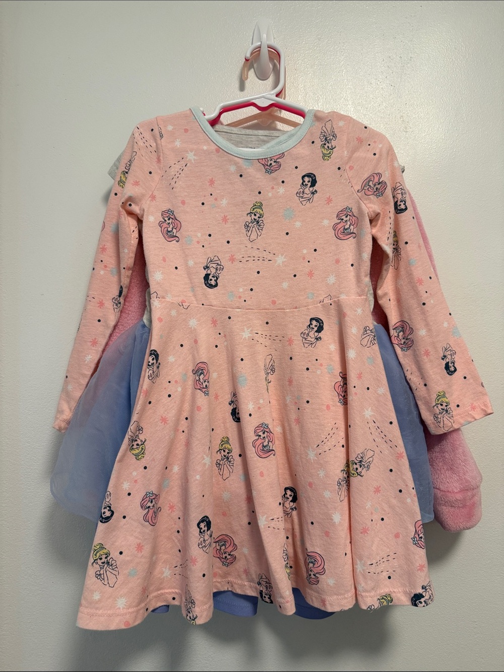Disney Lot. 3 Piece Set. Princess Print Long-Sleeve Twirl Dress w Fleece Jacket